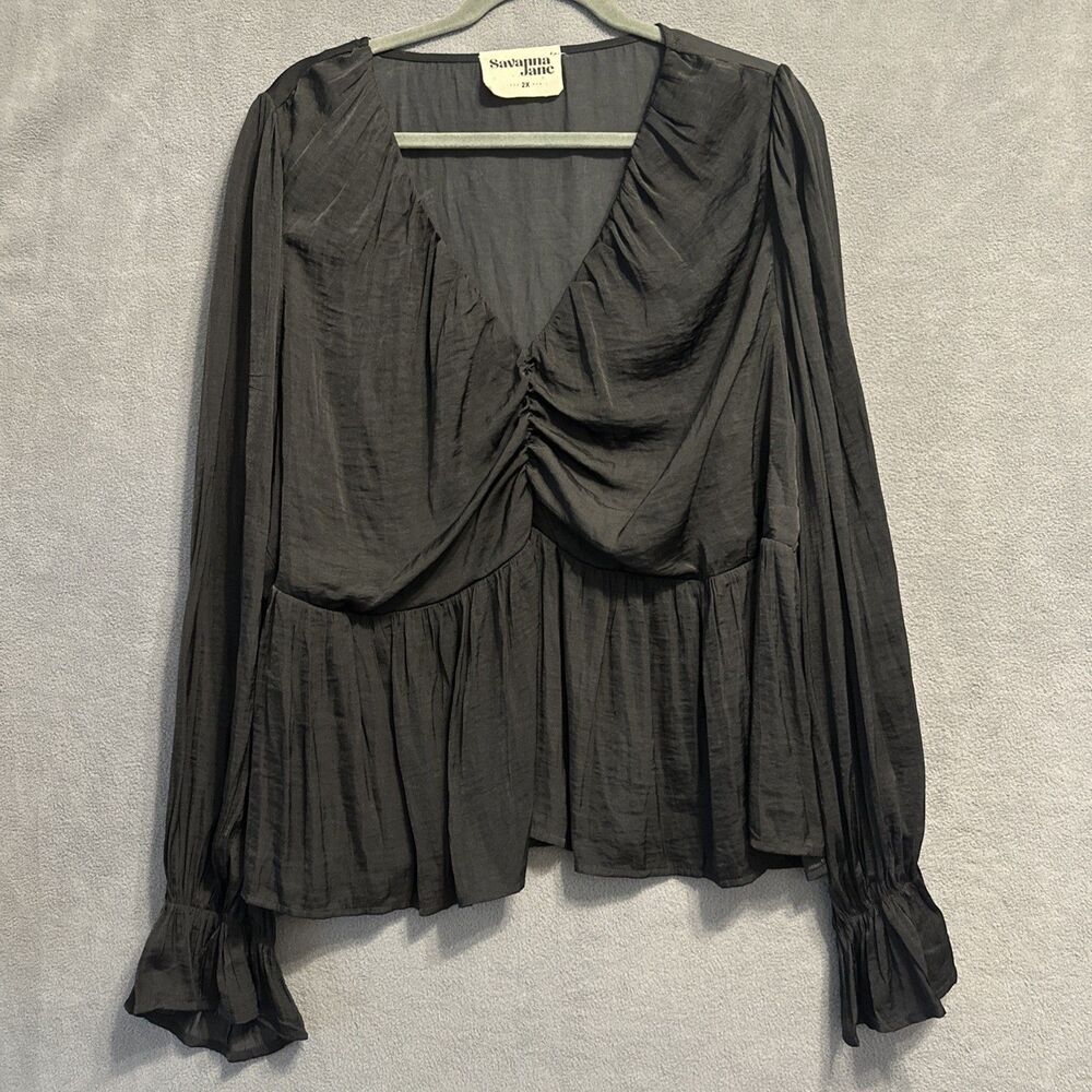 Savanna Jane Baby Doll Top Balloon Sleeve Womens Plus Size 2X Black Peasant